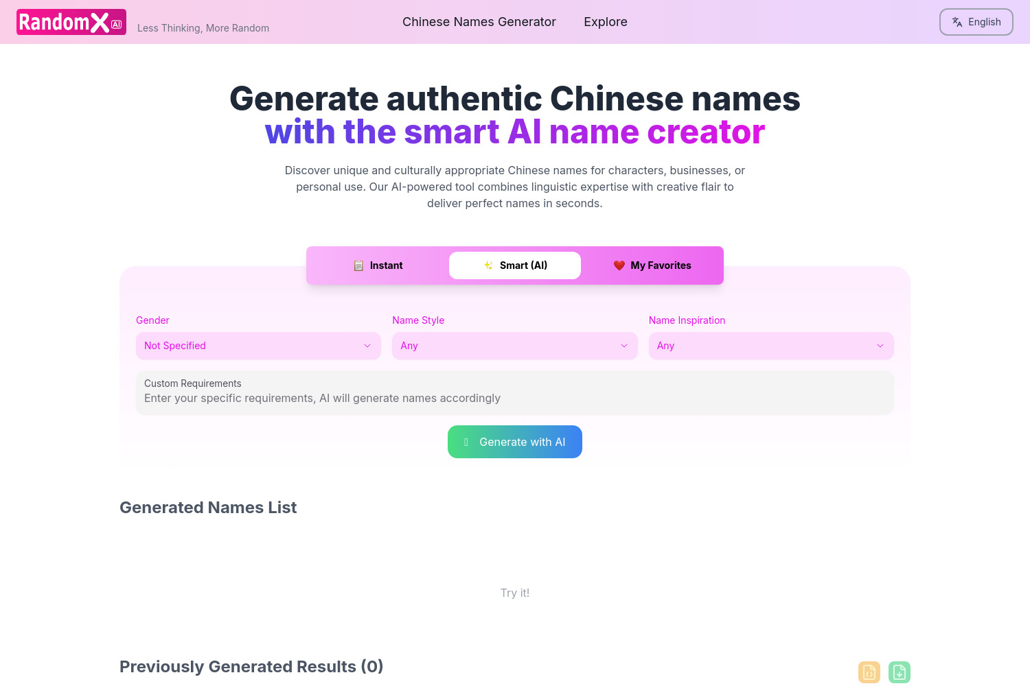 RandomX.ai: Free AI-Powered Chinese Name Generator